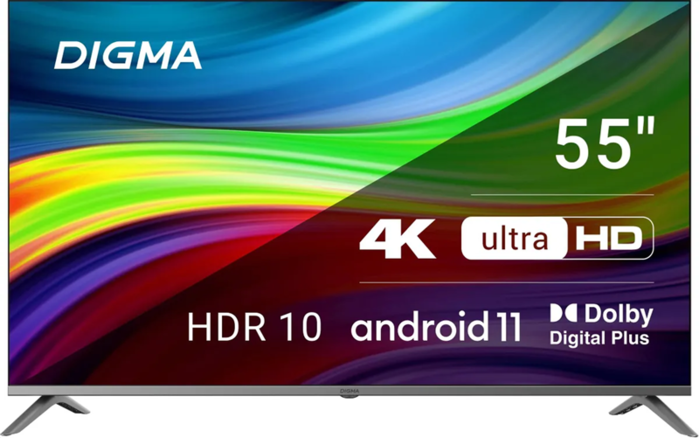 Digma 55" DM-LED55UBB41 Android TV Frameless Metal темно-серебристый/серебристый 4K Ultra HD 60Hz DVB-T DVB-T2 DVB-C DVB-S DVB-S2 USB WiFi Smart TV