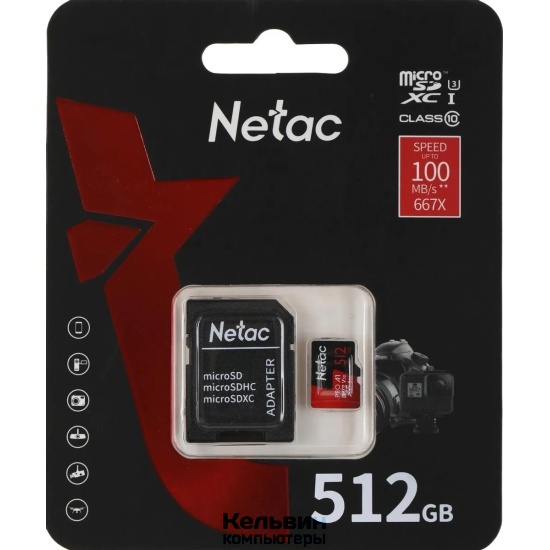 Netac P500 Extreme PRO 512GB MicroSDXC V30/A1/C10 up to 100MB/s, retail pack with SD Adapter (NT02P500PRO-512G-R)