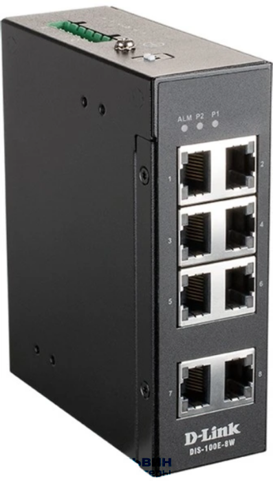 D-Link DIS-100E-8W/A1A, L2 Unmanaged Industrial Switch with 8 10/100Base-TX ports.1K Mac address, 802.3x Flow Control, Stand-alone, Auto MDI/MDI-X for each port, D-link Green technology, Metal case,
