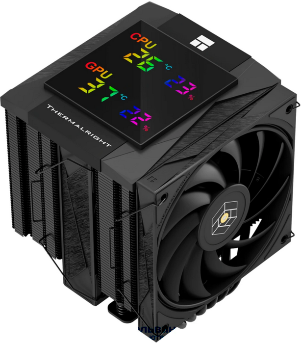 Thermalright Royal Knight 120 Digital Black (4-pin PWM, LED temp., 162mm, Ni/Cu, 6x6mm, 2x120mm, 80.45CFM/56.36CFM, 29.4dBA/28.4dBA, 2150RPM/1900RPM, S: 1200, 1700, 1851, 115X, 2011, 2066, AM4, AM5, black) (RK120-DG-BL)