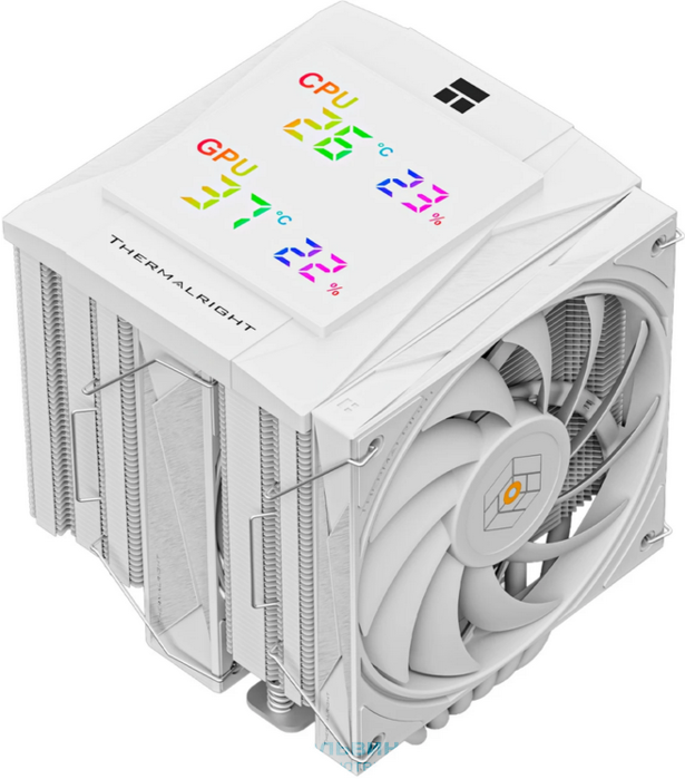 Thermalright Royal Knight 120 Digital White (4-pin PWM, LED temp., 162mm, Ni/Cu, 6x6mm, 2x120mm, 80.45CFM/56.36CFM, 29.4dBA/28.4dBA, 2150RPM/1900RPM, S: 1200, 1700, 1851, 115X, 2011, 2066, AM4, AM5, white) (RK120-DG-WH)