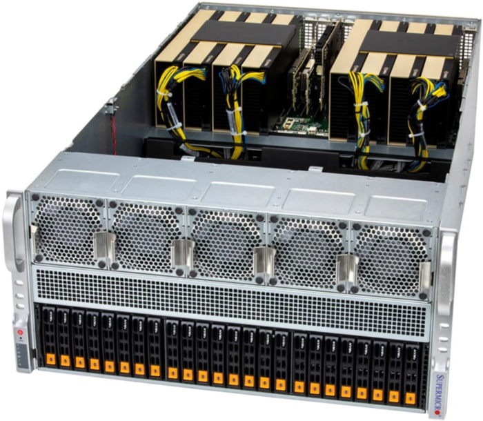 Supermicro GPU SuperServer SYS-522GA-NRT (X14DBG-AP, CSE-528G2TS-R9K60P) 5U, 2x LGA-7529, 24x DDR5 ECC RDIMM, 24x 2.5" HS NVMe, 2x M.2 NVMe, 13x PCIe 5.0 x16 FHFL slots, 2x RJ45 10GbE X710-AT2, 6x 2700W