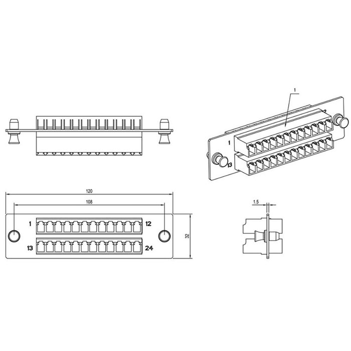 Hyperline FO-FPM-W120H32-24LC-BL для FO-19BX с 24 LC адаптерами, 24 волокна, одномод OS1/OS2, 120x32 мм, адаптеры цвета синий (blue)