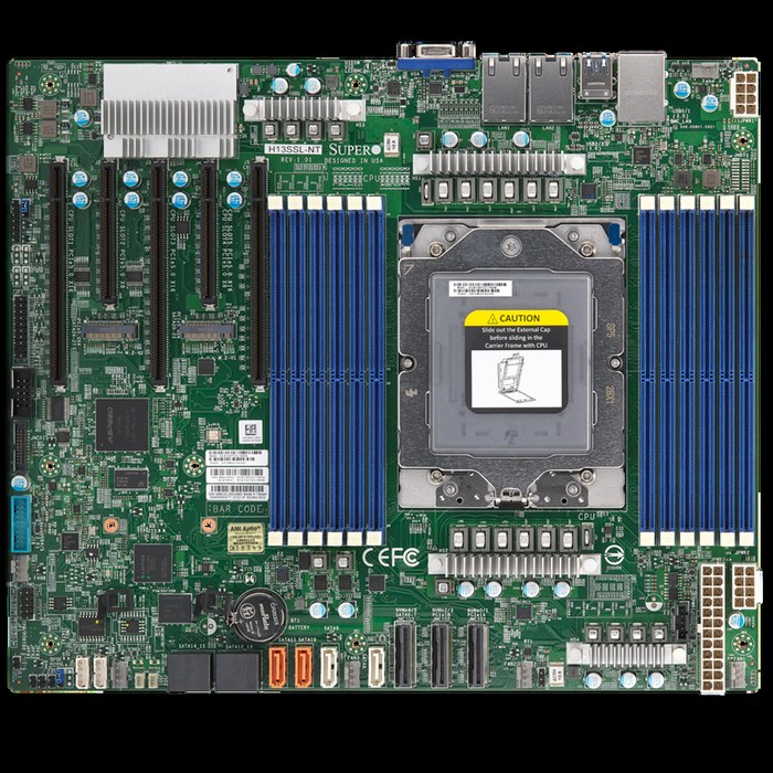 Supermicro MBD-H13SSL-NT-B, ATX, 1xSP5 AMD EPYC 9004/9005, 12x DIMM DDR5 6000 MT/s, AST2600, 8x SATA3, 3x PCIe 5.0 x16 slots, 2x PCIe 5.0 x8 slots, 2x M.2 PCIe 5.0 x4 SATA/NVMe (M-key 2280/22110), 2x 10GBase-T LAN Ports via Broadcom BCM57