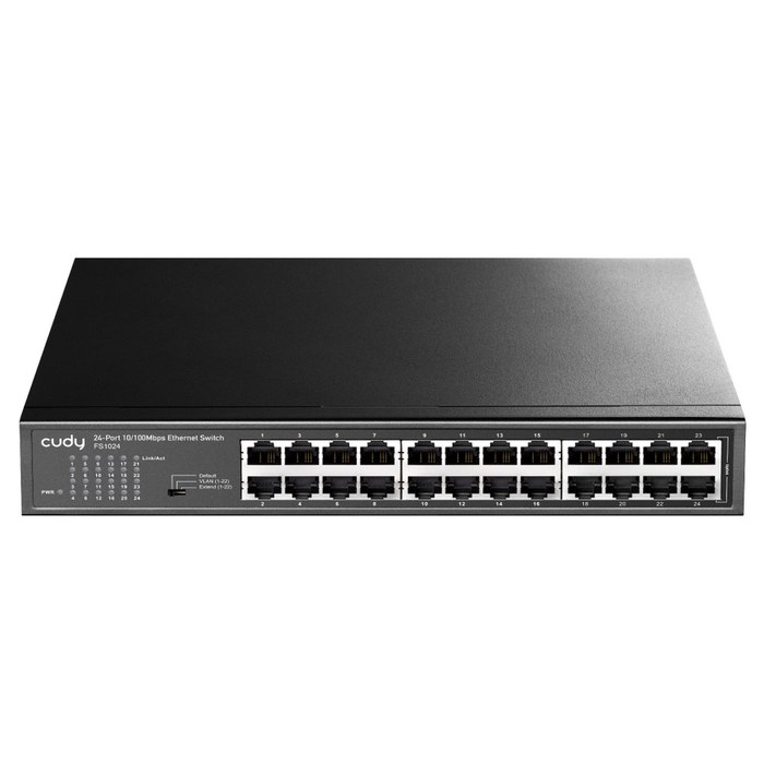CUDY FS1024 24-Port 10/100 Mbps Metal Switch 24-Port 10/100 Mbps Switch, 24 10/100 Mbps RJ45 Ports, Switch/VLAN/Extend working mode DIP switch, Rack-mountable Steel Case, Power Saving, Plug & Play, Rack-Mount kits included