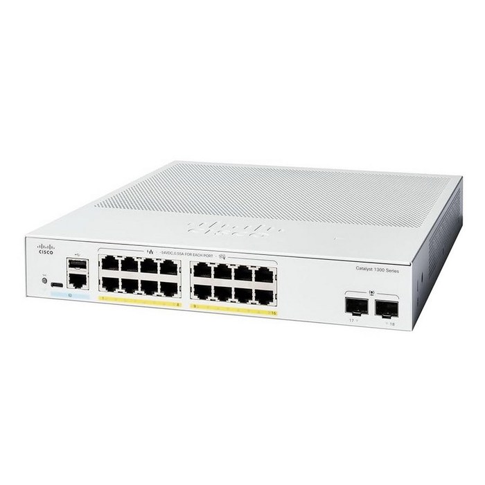 CISCO Catalyst 1300 16x 10/100/1000 RJ-45 PoE+, 2x 1Gb SFP uplinks, PoE+ 120W, Fanless, C1300-16P-2G